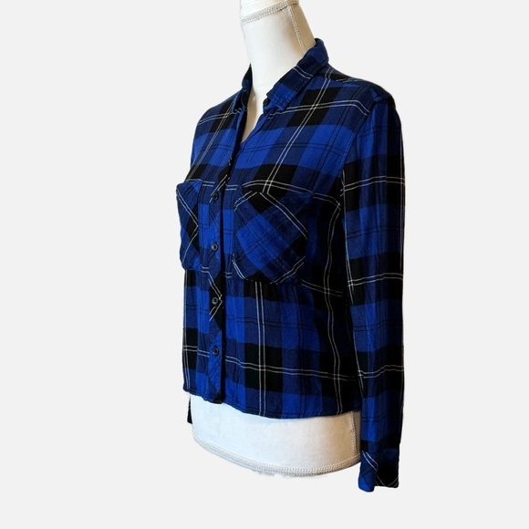 Rails Dylan Cobalt Tartan Plaid Button Down Cropped Shirt Small - Picture 7 of 12